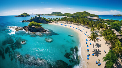 A bird's-eye view of a verdant tropical beach with azure sea, snowy shores, and colourful coral reefs.
