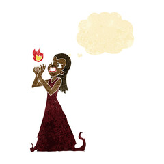 cartoon witch woman casting spell with thought bubble