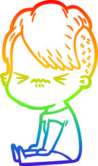 rainbow gradient line drawing of a cartoon annoyed hipster girl