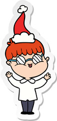 hand drawn sticker cartoon of a boy wearing spectacles wearing santa hat