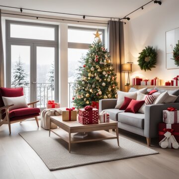 Modern Living Room Interior With Christmas Tree, Gift Boxes, Sofa And coffee table.