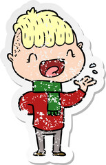 distressed sticker of a cartoon happy boy laughing