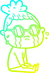 cold gradient line drawing of a cartoon crying woman wearing spectacles