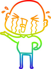 rainbow gradient line drawing of a cartoon crying bald man