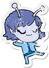 distressed sticker of a smiling alien girl cartoon