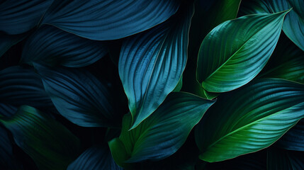 A close-up macro texture of a tropical forest Spathiphyllum Cannifolium plant in a dark nature background with bright blue and green leaves provides a curved leaf.