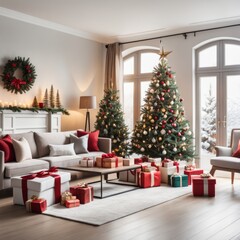 Obraz premium Modern Living Room Interior With Christmas Tree, Gift Boxes, Sofa And coffee table.