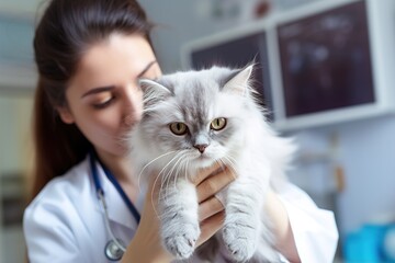 The veterinarian examines the cat's health condition.