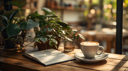 A relaxed cafe coffee break with a book, white mug, phone, tablet and notebook by a window. - obrazy, fototapety, plakaty