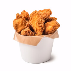 Crispy fried chicken isolated in a paper pail on a blank backdrop.