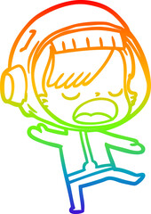 rainbow gradient line drawing of a cartoon talking astronaut woman