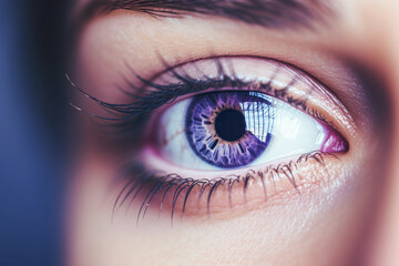 Fototapeta premium A macro photograph of a violet-hued human eye texture with a bright azure lens.