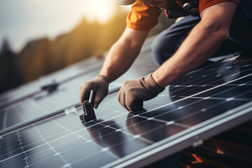 A technician is fitting a photovoltaic solar system to a home's rooftop, emphasizing the concept of renewable energy. - obrazy, fototapety, plakaty