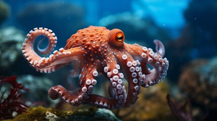 An octopus with tentacles is swimming in a peaceful underwater adventure.