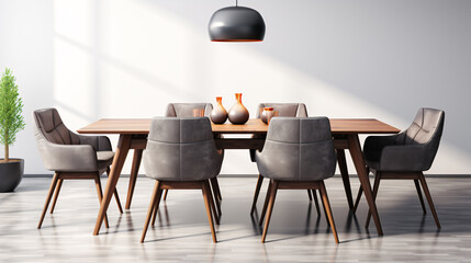 A wooden and fabric dining table and chair are solitarily placed on a pale surface.