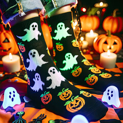 Halloween-themed socks featuring ghosts and pumpkins, designed to glow in the dark at a costume party