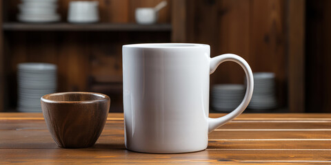 Fototapeta na wymiar Clean coffee mug mockup on a wooden kitchen table.