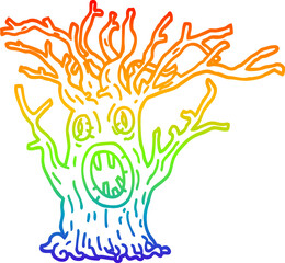 rainbow gradient line drawing of a cartoon spooky tree