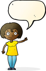cartoon happy woman pointing with speech bubble