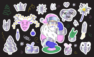 Merry Christmas and Happy New year Holographic stickers. Christmas tree, DJ Santa, deer with garland