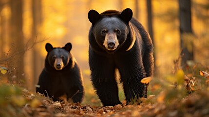 A forest with a golden background is home to two black bears