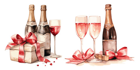 Bottle of champagne with present gift boxes and glasses with bows in pink color vectors © M
