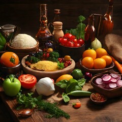 Delicious food and ingredients on a wooden table