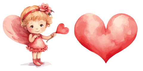 cupid girl holding a heart and a red heart vectors