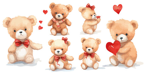 set of Valentine's teddy bears with hearts isolated on white vectors
