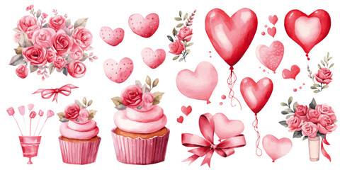 Valentine's elements with heart balloons roses flowers, cupcakes cakes pink red color vectors