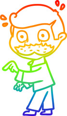 rainbow gradient line drawing of a cartoon man with mustache making a point