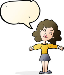 cartoon woman with open arms with speech bubble