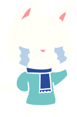 crying flat color style cartoon cat wearing winter clothes