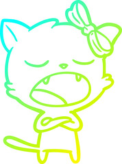 cold gradient line drawing of a cartoon yawning cat