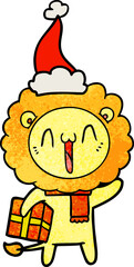 happy hand drawn textured cartoon of a lion wearing santa hat