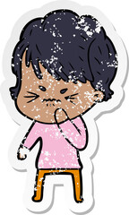 distressed sticker of a cartoon frustrated woman