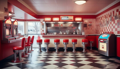 A retro style diner kitchen complete with checkered floors, red vinyl bar stools, and a jukebox playing classic tunes, exuding nostalgic vibes ai generative