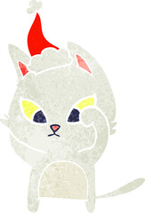 confused hand drawn retro cartoon of a cat wearing santa hat