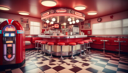 A retro style diner kitchen complete with checkered floors, red vinyl bar stools, and a jukebox playing classic tunes, exuding nostalgic vibes ai generative