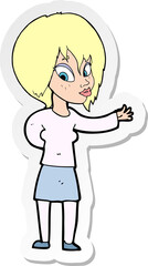 sticker of a cartoon woman making welcome gesture