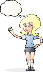cartoon pretty woman waving for attention with thought bubble