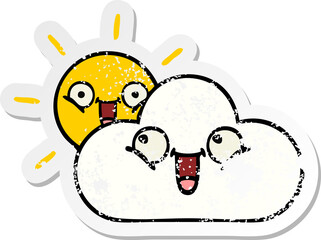 distressed sticker of a cute cartoon sunshine and cloud