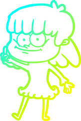 cold gradient line drawing of a cartoon smiling woman