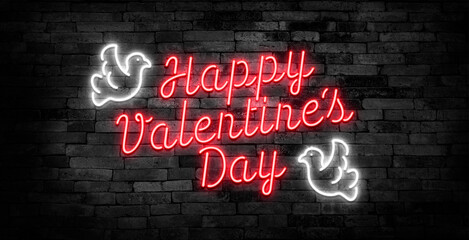 Valentines Day neon set. Happy Valentines Day light glowing lettering sign.