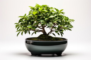 Bonsai tree in a black plate on white background. Generative AI.