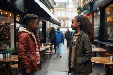 Conflict situation, first break up concept. African American teenager high school couple arguing misunderstanding on a street, Unhappy dating relationship, fighting quarreling disgusted teenage couple - obrazy, fototapety, plakaty