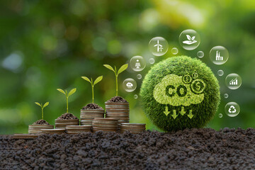 Concept of Carbon credit, finance and sustainability investment and Green business. Green Globe...