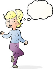 cartoon dancing woman with thought bubble