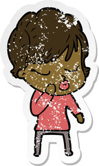 distressed sticker of a cartoon woman with eyes shut