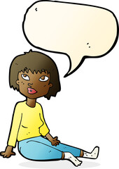 cartoon woman sitting on floor with speech bubble
